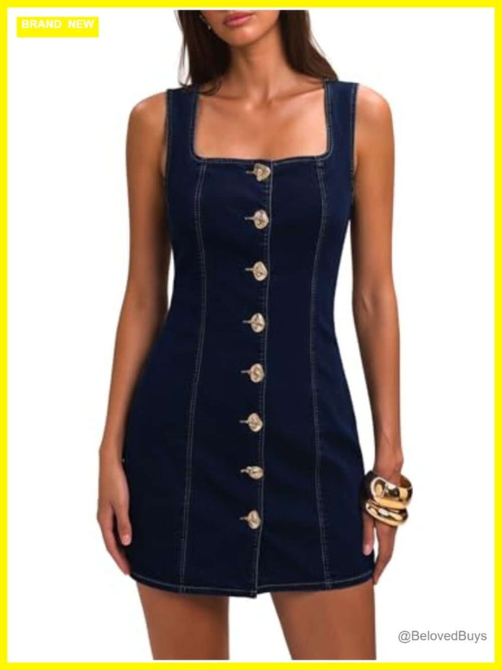 Sleeveless Denim Bodycon Mini Dress Square Neck Button Front